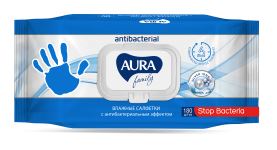Cалфетки влажные 180шт AURA FAMILY с антибактериальным эффектом с крышкой