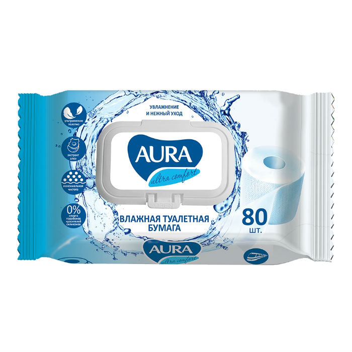Бумага туалетная влажная 80шт AURA ULTRA COMFORT с крышкой