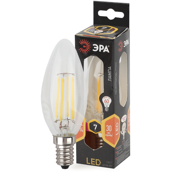 Лампа светодиодная ЭРА F-LED B35-7W-827-E14 Е14 / Е14 7Вт филамент свеча теплый белый свет