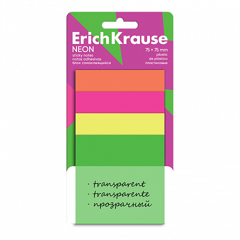 Блок самоклеящийся пластиковый ErichKrause Neon, 75х75 мм, 40 листов, 4 цвета