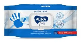 Cалфетки влажные 180шт AURA FAMILY с антибактериальным эффектом с крышкой — фото 1