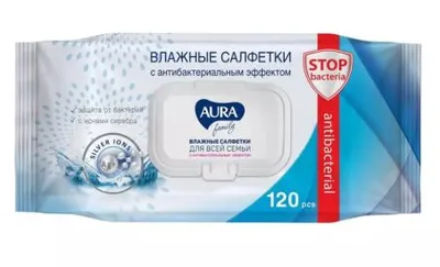 Cалфетки влажные 120шт AURA FAMILY с антибактериальным эффектом с крышкой — фото 1