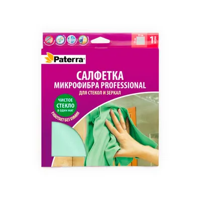 Салфетка Микрофибра PROFESSIONAL, для стекол и зеркал, 35 х 35 см, в картонной упаковке, PATERRA — фото 2